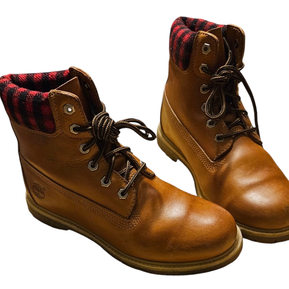 Timberland Brown Leather Boots with Red Plaid Collar